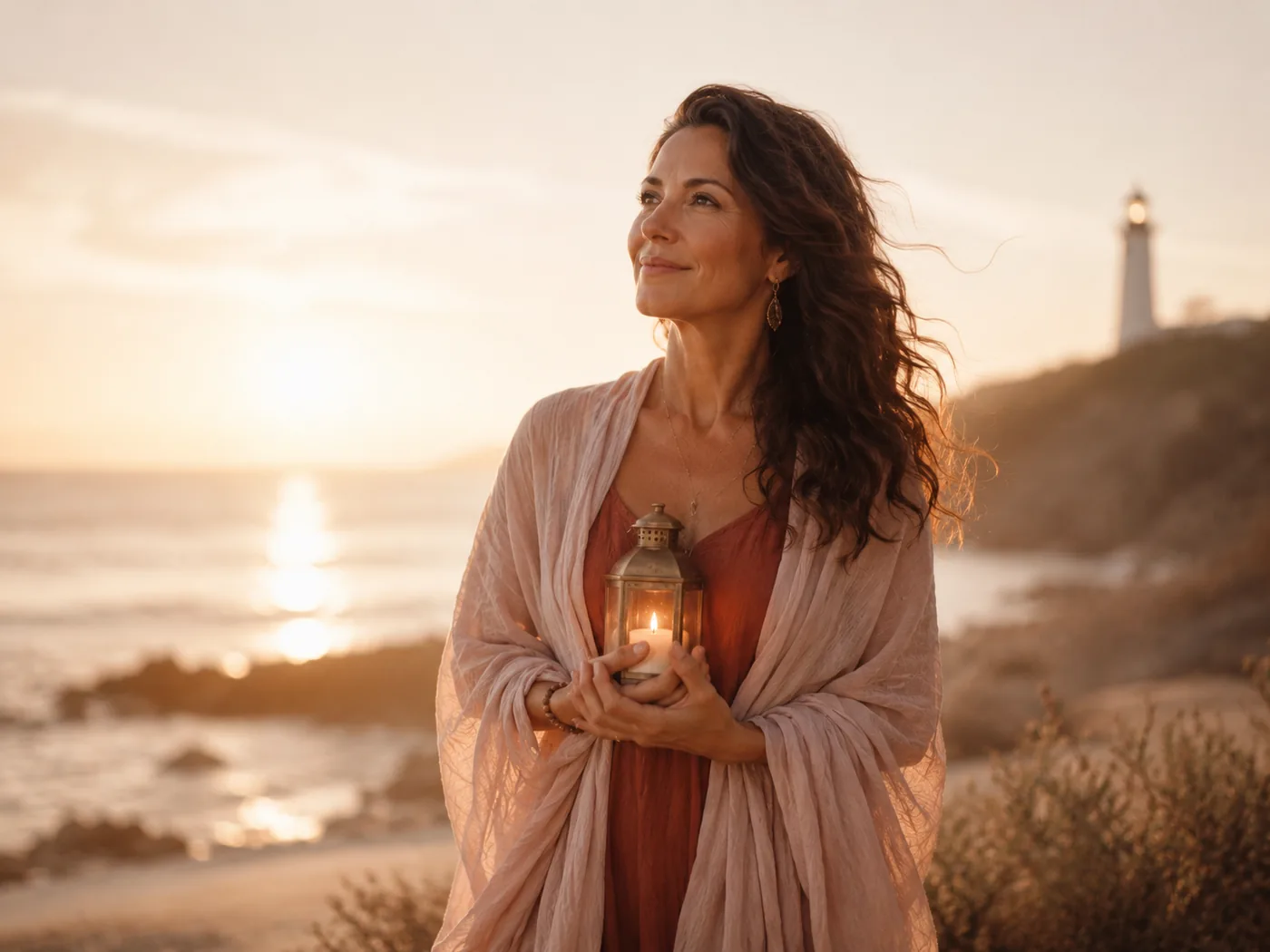 Mujer con luz cerca del mar